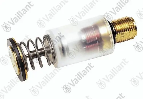Vaillant Haltemagnet mit transparentem Gehäuse, Feder und metallischem Anschluss. Das Produkt besitzt eine zylindrische Form und wird in Heizsystemen eingesetzt.